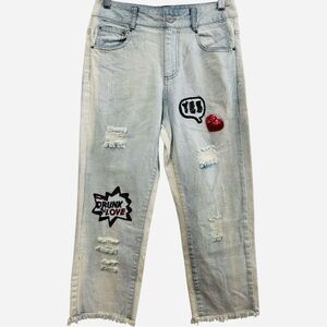 NWT POL Distressed Light Wash Jeans‎ Sequin Patchwork Cropped Raw Hem Small